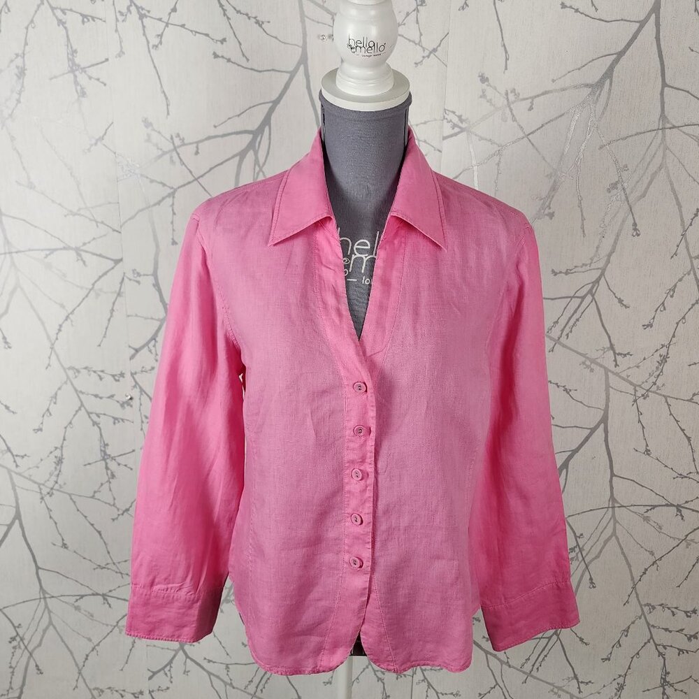 Ril's Pink 100% Linen Button Front Collared V-Neck Blouse